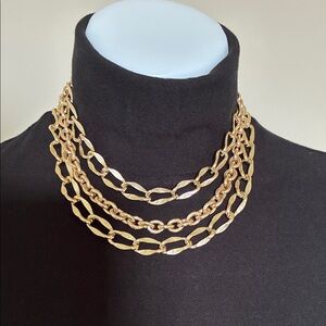 Vintage Coro Brushed Gold Tone Triple Chain Necklace with Bow Clasp Detail; 16"